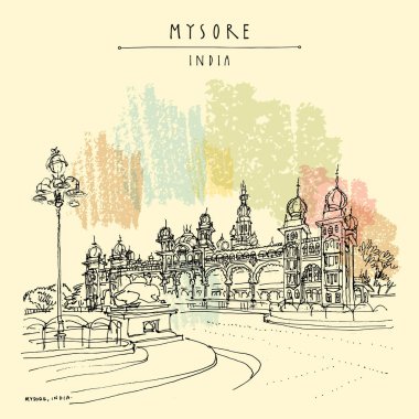 Mysore (Mysuru), Karnataka, Hindistan. Sarayım. Seyahat skeci. Eski el çizimi kartpostal şablonu. Vektör