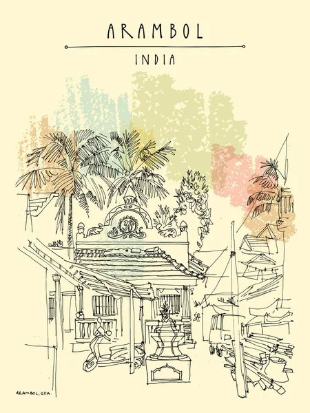 Arambol Village Goa India Huizen Palmbomen Hand Getrokken Reizen Briefkaart — Stockvector