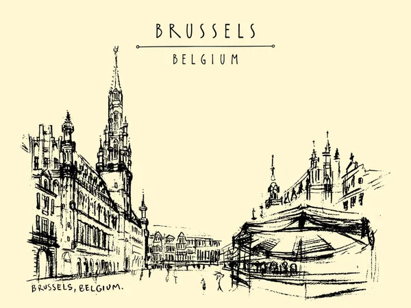 Bryssel Belgien Grand Place Konstnärliga Ritning Illustration Resor Skiss Vintage — Stock vektor