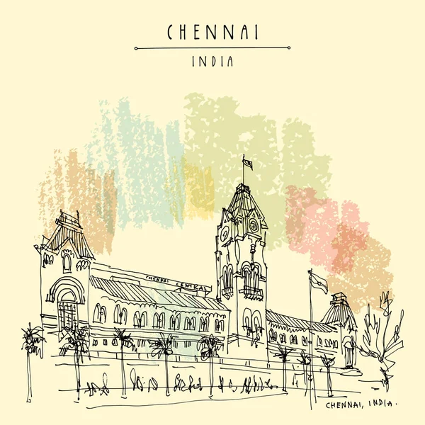 Chennai (Madras), Tamil Nadu, India. Central railway station. Beautiful British era colonial building in India. Travel sketch. Hand drawing. Vintage hand drawn Chennai postcard. Vector illustration