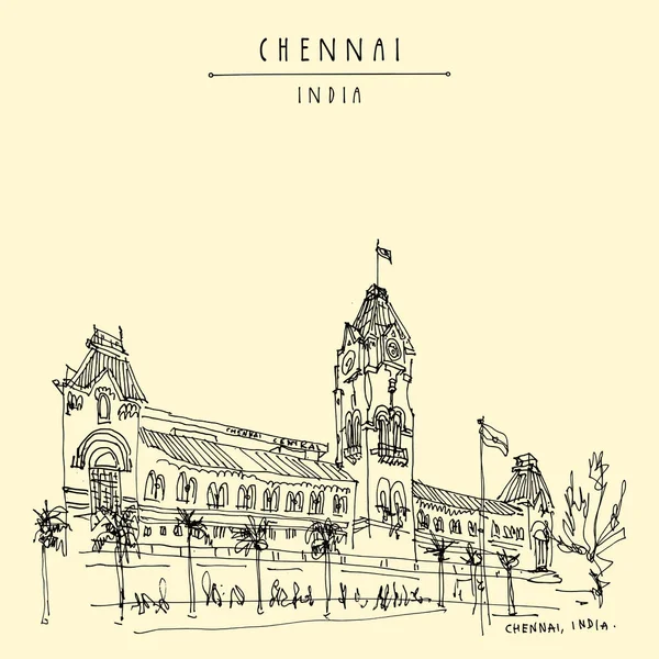 Τσενάι Μαντράς Ταμίλ Ναντού Ινδία Κεντρικός Σιδηροδρομικός Σταθμός Όμορφη Βρετανική — Διανυσματικό Αρχείο