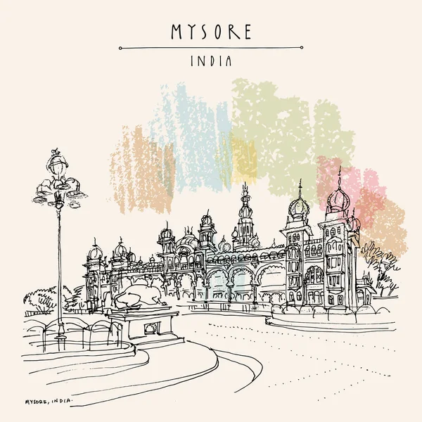 Mysore Mysuru Karnataka Índia Palácio Mysore Esboço Viagem Modelo Cartão — Vetor de Stock