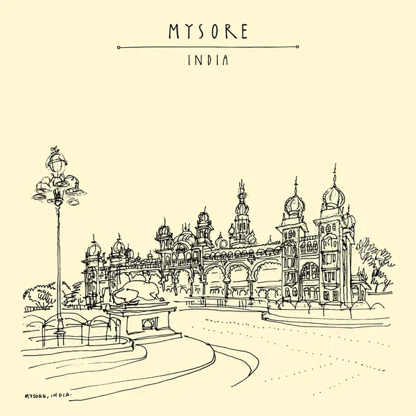Mysore (Mysuru), Karnataka, Hindistan. Sarayım. Seyahat skeci. Eski el çizimi kartpostal şablonu. Vektör