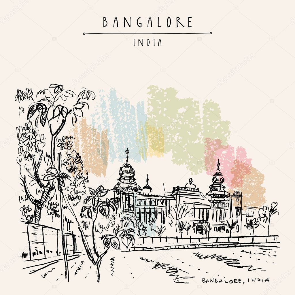 Bangalore (Bengaluru), Karnataka, India. Building in Neo-Dravidian style. Travel sketch. Vintage hand drawn postcard template. Vector illustration