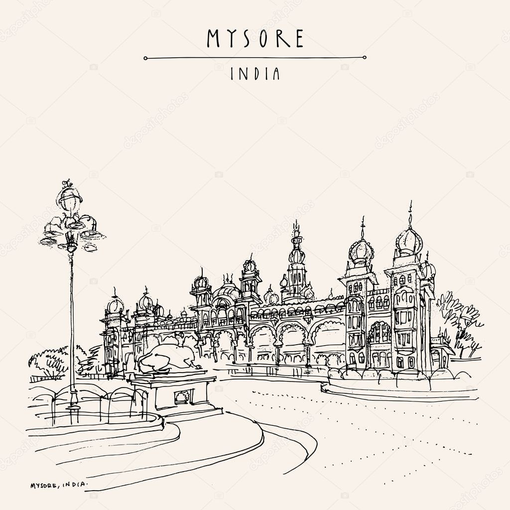 Mysore (Mysuru), Karnataka, India. Mysore palace. Travel sketch. Vintage hand drawn postcard template. Vector