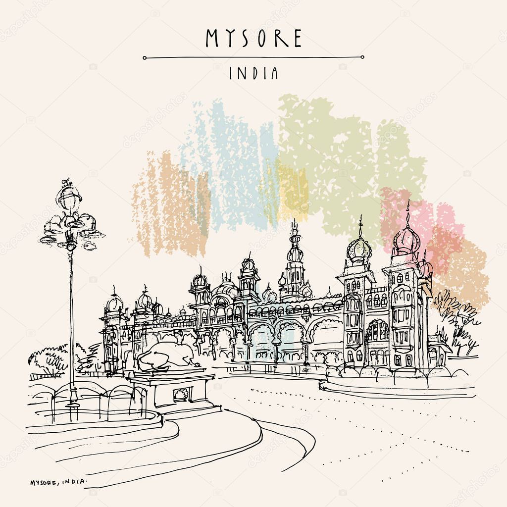 Mysore (Mysuru), Karnataka, India. Mysore palace. Travel sketch. Vintage hand drawn postcard template. Vector