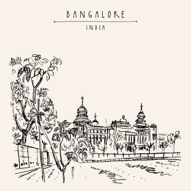 Bangalore (Bengaluru), Karnataka, Hindistan. Güzel Bangalore sarayı. Seyahat skeci. Eski el çizimi kartpostal şablonu. Vektör illüstrasyonu