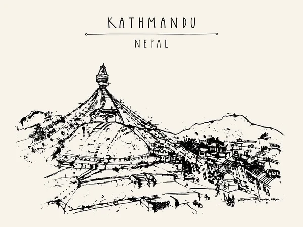 Kathmandu, Nepál, Asie. Boudhanath (chrám Boudha). Tažené ruční t — Stockový vektor