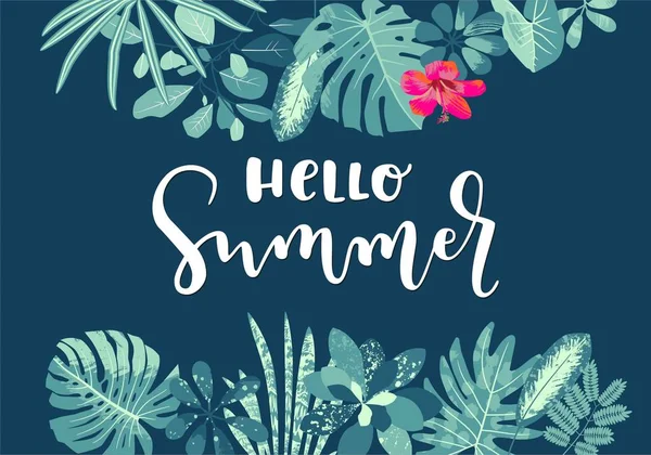 Hola verano hojas tropicales caligrafía verano diseño con mons — Vector de stock