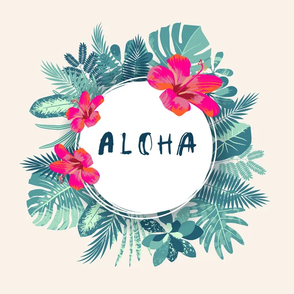 Aloha. Estampado tropical vintage de verano de moda con marco redondo — Vector de stock