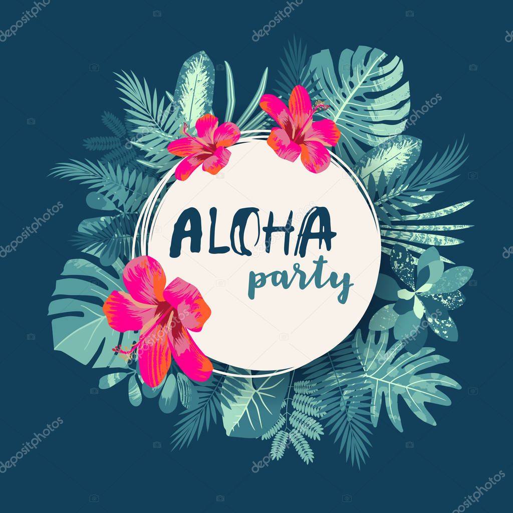 Aloha Party. Trendy summer vintage tropical print with a round f