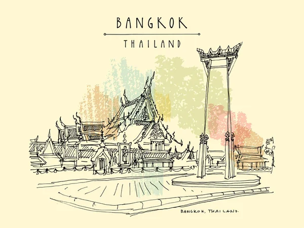 Bangkok, Thailand, Asia. Giant Swing (Sao Ching Cha) dan Wat Sut - Stok Vektor