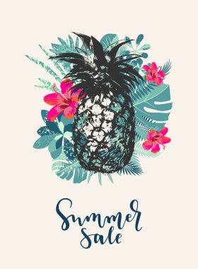 Yaz İndirimi. Pineappl ile tropikal orman tasarım el ilanı şablonu