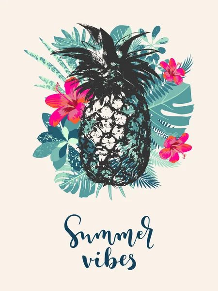 Vibrazioni estive. Trendy stampa tropicale estiva. Volantino di design della giungla — Vettoriale Stock