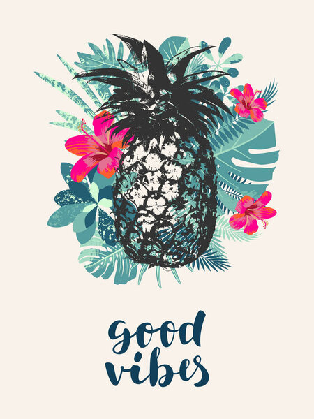 Good Vibes. Trendy summer tropical print. Jungle design flyer te