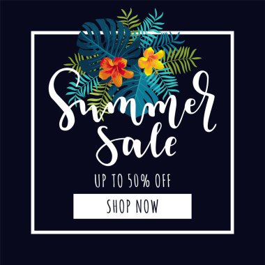 Yaz Satış afişi. Yüzde 50'ye varan indirim teklifi. Tropikal d