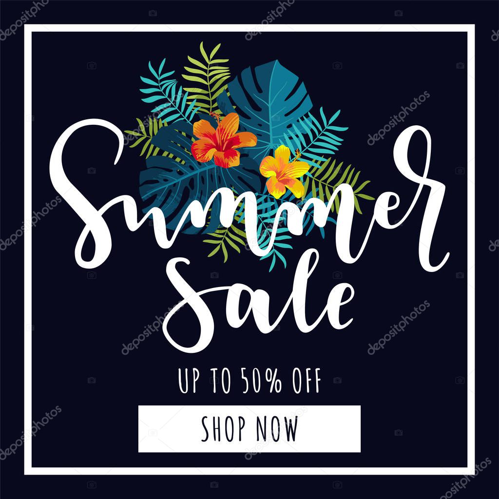 Summer Sale banner. Up to 50 per cent discount offer. Tropical d