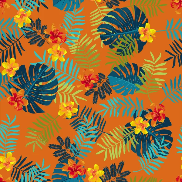 熱帯の夏のモンステラの葉と hibisc のシームレスなパターン — ストックベクタ