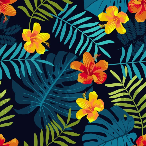 몬스 테라 잎과 히비야와 열 대 여름 완벽 한 패턴 — 스톡 벡터