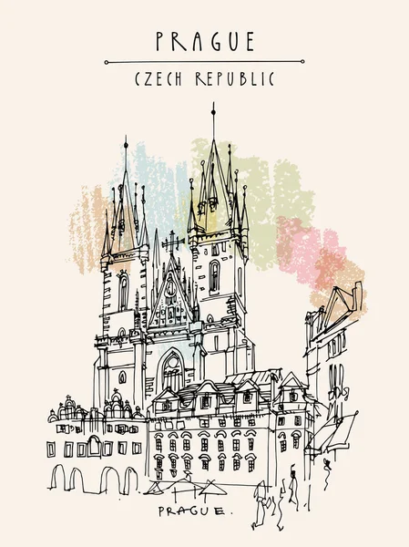 布拉格，捷克共和国，欧洲。廷教堂（我们的拉教堂） — 图库矢量图片