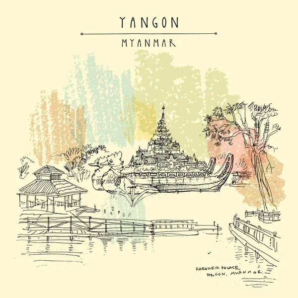 Yangon (Rangoon), Myanmar (Burma), Güneydoğu Asya. Karaweik — Stok Vektör
