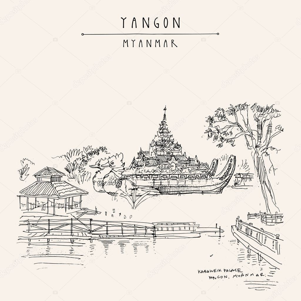 Yangon (Rangoon), Myanmar (Burma), Southeast Asia. The Karaweik 
