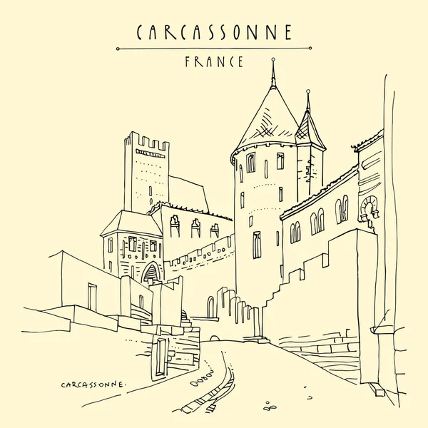 Château de Carcassonne, France, Europe. Dessin à la main dans un style rétro . — Image vectorielle