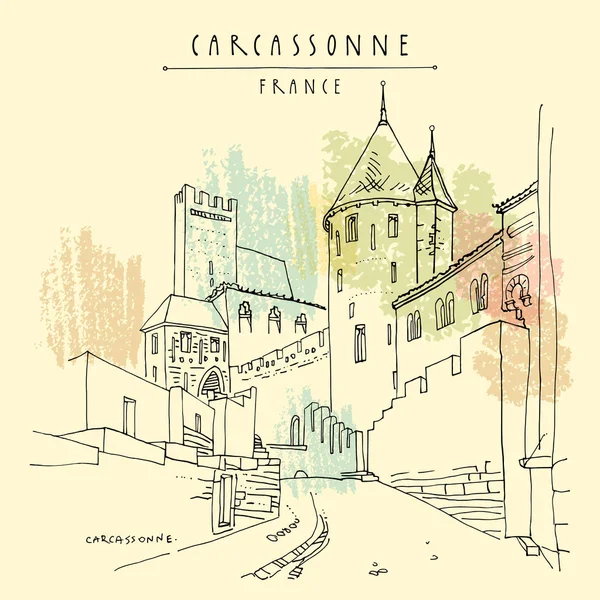 カルカソンヌ城、フランス、ヨーロッパ。レトロなスタイルで手描き. — ストックベクタ