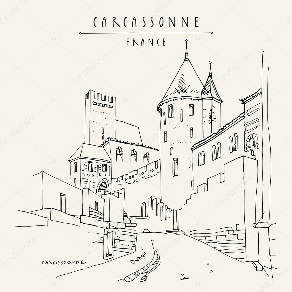 Carcassonne castle, France, Europe. Hand drawing in retro style.