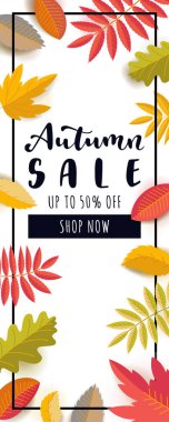 Sonbahar Satılık dikey promosyon afiş. Yüzde 50'ye varan indirim