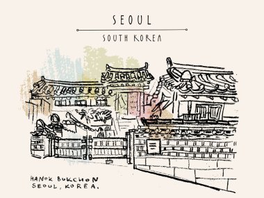 Seul, Güney Kore. Hanok Bukchon. El çizilmiş vintage turistik 