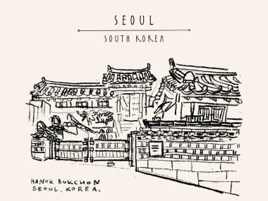 Seul, Güney Kore. Hanok Bukchon. El çizilmiş vintage turistik 