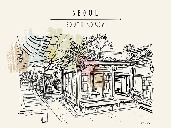 Σεούλ, Νότια Κορέα. Hanok Μπουκτσον. Χειροποίητα vintage τουριστικά — Διανυσματικό Αρχείο