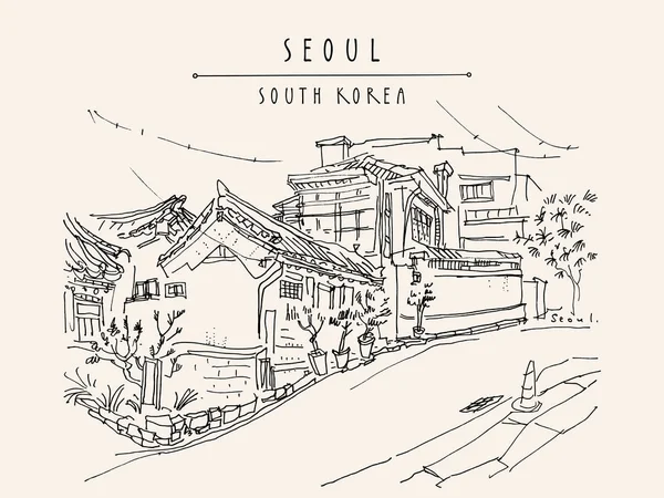 Seul, Korea Południowa. Hanok Bukchon. Ręcznie rysowane zabytkowe turystyczne — Wektor stockowy