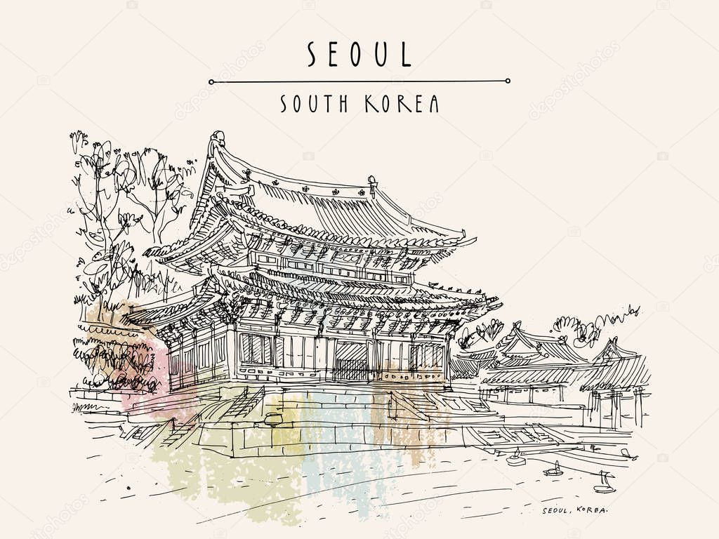 Seoul, South Korea, Asia. Changdeokgung Palace. Hand drawn vinta