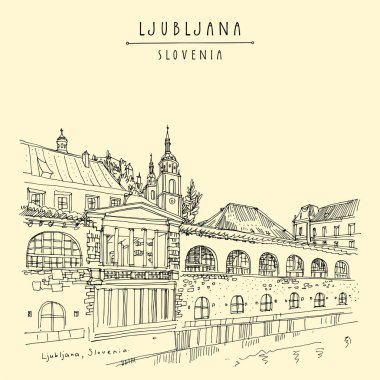 Ljubljana, Slovenya. Ljubljanica nehri üzerinde Pazar arcade, Lju