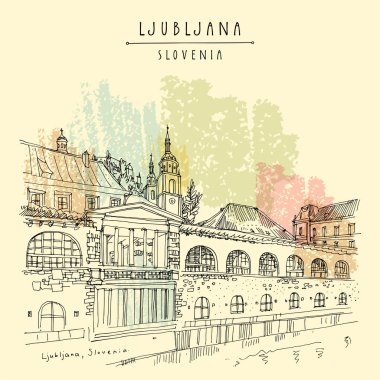 Ljubljana, Slovenya. Ljubljanica nehri üzerinde Pazar arcade, Lju