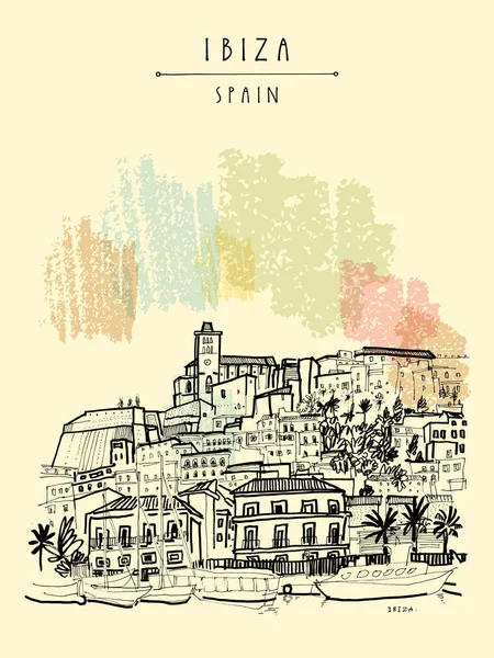 Ibiza Town Old city, Balearic islands, Spain, Europe. Ibiza cast — Stock Vector