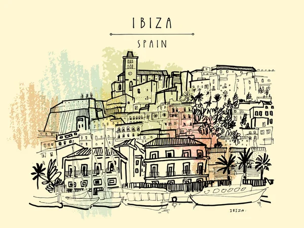 Ibiza Town Old city, Balearic islands, Spain, Europe. Ibiza cast — Stock Vector