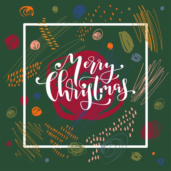 Boldog karácsonyi kalligráfiai képeslapot zöld háttérrel. Kontúr — Stock Vector