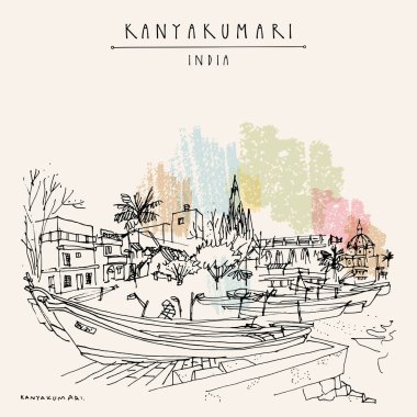 Kanyakumari, Tamil Nadu, Güney Hindistan. Hindistan 'ın en güney noktası. Balıkçı tekneleri ve kilisesi olan bir şehir. Klasik el çizimi turistik kartpostal. 