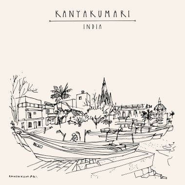 Kanyakumari, Tamil Nadu, Güney Hindistan. Hindistan 'ın en güney noktası. Balıkçı tekneleri ve kilisesi olan bir şehir. Klasik el çizimi turistik kartpostal. 