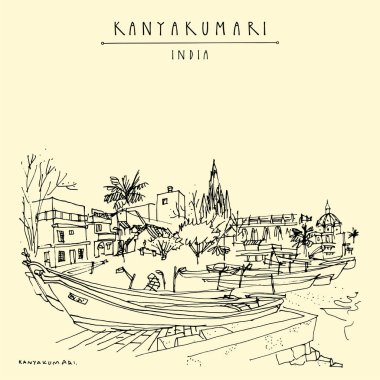 Kanyakumari, Tamil Nadu, Güney Hindistan. Hindistan 'ın en güney noktası. Balıkçı tekneleri ve kilisesi olan bir şehir. Klasik el çizimi turistik kartpostal. 