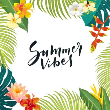 Summer Vibes el yazısı tebrik kartı. Yaz kartpostalı, poster. Egzotik tropik yapraklar, çiçekler. Parlak orman geçmişi. Parlak renkler. Hawaii plaj partisi arkaplanı