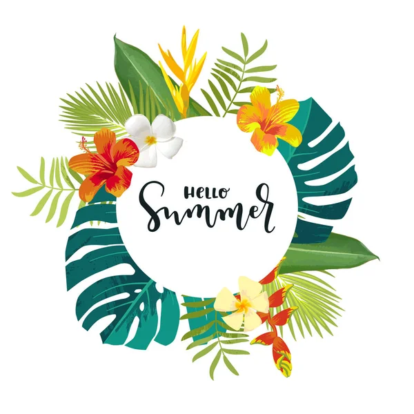 夏天书法卡片 夏天的横幅 海报与异国情调的热带树叶 Monstera Frangipani 明亮的丛林背景 圆形框架 夏威夷海滩派对背景 — 图库矢量图片