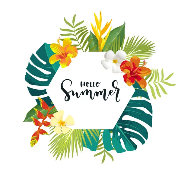 Hola Tarjeta Caligrafía Verano Banner Verano Póster Con Hojas Tropicales — Vector de stock