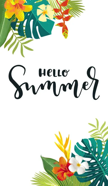 こんにちは夏の書道カード 垂直夏のバナー エキゾチックな熱帯の葉を持つポスター 明るいジャングルの背景 鮮やかな色 ハワイのビーチパーティーの背景 — ストックベクタ