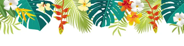 热带树叶和花朵交界处 夏季花卉装饰 水平夏季横幅 明亮的丛林背景 明亮的颜色 加勒比海滩派对背景 — 图库矢量图片