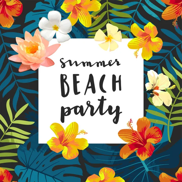 Scheda Calligrafica Summer Beach Party Cartolina Estiva Con Foglie Tropicali — Vettoriale Stock
