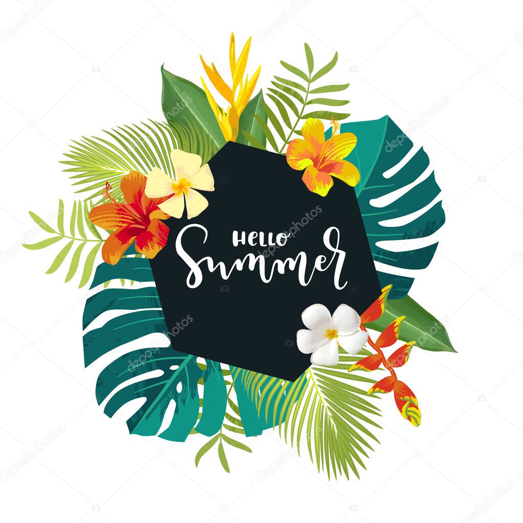 Hello Summer calligraphy card. Summertime banner, poster with exotic tropical leaves, flowers. Black hexagon frame bright jungle background. Hawaiian beach party vector backdrop